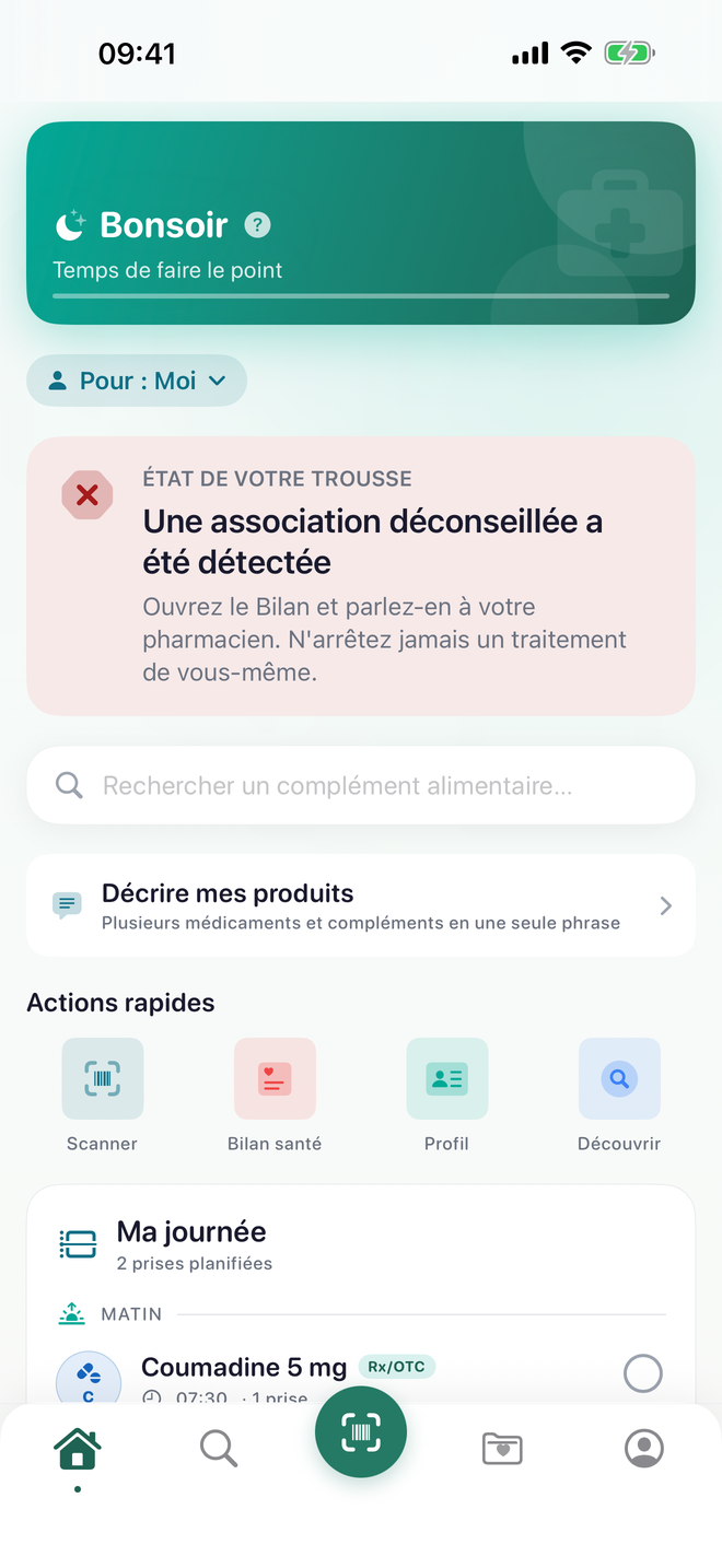 Écran d'accueil MedEat : l'état de la trousse signale une association déconseillée et invite à en parler au pharmacien