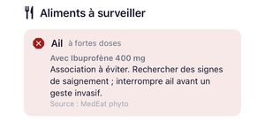 Aliments à surveiller : ail à fortes doses avec l'ibuprofène 400 mg, association à éviter, source MedEat phyto