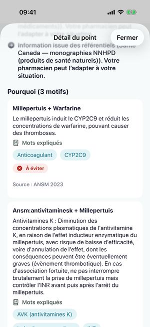 Détail d'un point : « Pourquoi (3 motifs) », mécanisme expliqué (induction du CYP2C9, antivitamines K), mots expliqués et source ANSM