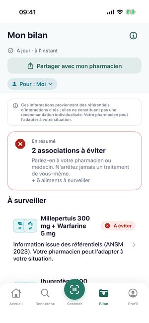 Mon bilan : « À jour », bouton « Partager avec mon pharmacien », encart sur les référentiels, « En résumé : 2 associations à éviter »