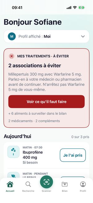 Écran d'accueil MedEat : carte « Mes traitements · À éviter », 2 associations à éviter dont millepertuis avec warfarine 5 mg, et les prises du jour