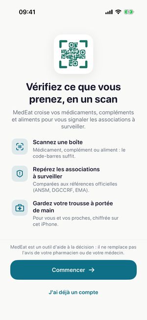 Accueil de l'app : « Vérifiez ce que vous prenez, en un scan », scannez une boîte, repérez les associations, gardez votre trousse