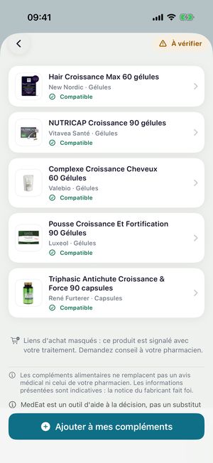 « Alternatives compatibles » sous un produit signalé, puis « Liens d'achat masqués : ce produit est signalé avec votre traitement »