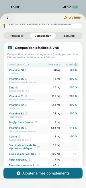 Tableau « Composition détaillée & VNR » : vitamines B8, B5, zinc… avec dosage par prise et pourcentage des valeurs nutritionnelles de référence