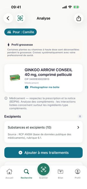 Fiche médicament « Pour : Camille » avec l'encart « Profil grossesse »
