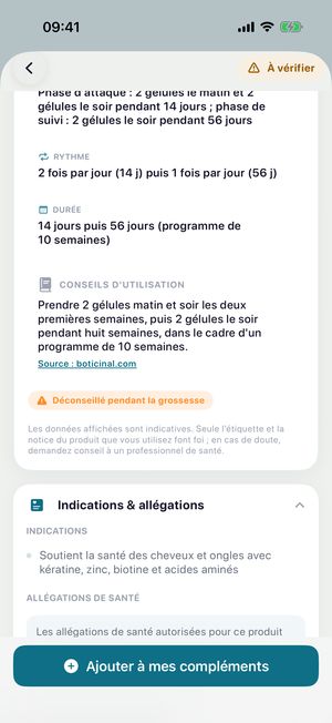 Protocole de prise avec la mention « Déconseillé pendant la grossesse » et les indications du produit