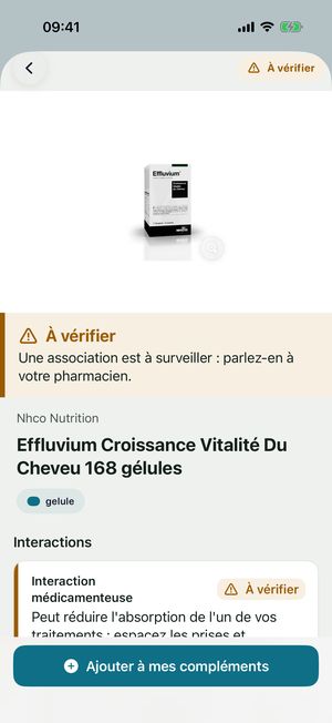 Fiche d'un complément contenant du fer : bandeau orange « À vérifier », interaction avec la lévothyroxine, espacer les prises