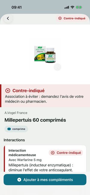 Fiche Millepertuis : bandeau rouge « Contre-indiqué », association à éviter avec la warfarine 5 mg, inducteur enzymatique