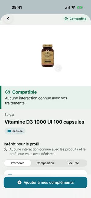 Fiche Vitamine D3 : bandeau vert « Compatible — Aucune interaction connue avec vos traitements »