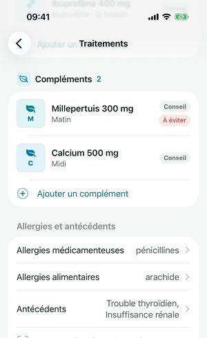 Traitements puis « Allergies et antécédents » : allergies médicamenteuses pénicillines, alimentaires arachide, antécédents trouble thyroïdien et insuffisance rénale