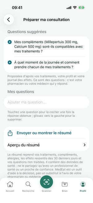 Préparer ma consultation : questions suggérées d'après vos traitements et résumé à envoyer