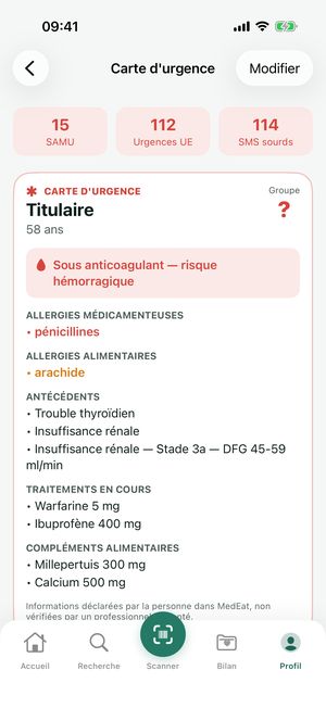 Carte d'urgence : 15, 112, 114, anticoagulant signalé, allergies, antécédents et traitements en cours