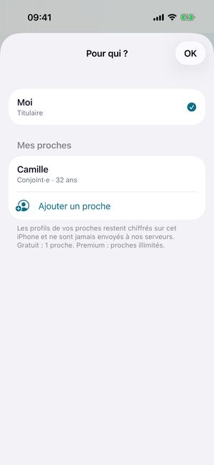 Feuille « Pour qui ? » : Moi (titulaire) et un proche, Camille, 32 ans ; bouton « Ajouter un proche »