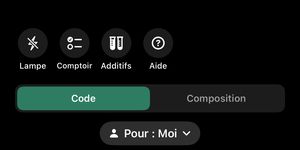 Commandes du scanner : Lampe, Comptoir, Additifs, Aide ; mode « Code » sélectionné ; pastille « Pour : Moi »