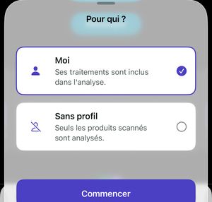Contrôle comptoir : feuille « Pour qui ? » avec « Moi, ses traitements sont inclus » ou « Sans profil », puis « Commencer »