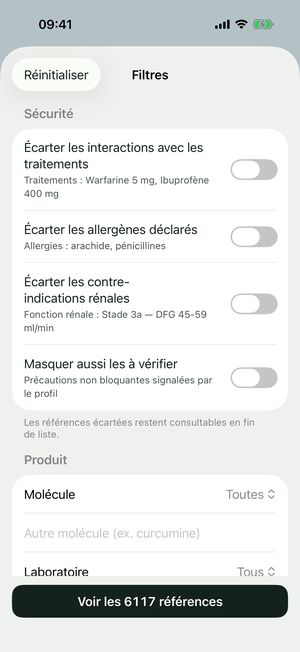 Filtres de sécurité : écarter les interactions avec les traitements, les allergènes déclarés et les contre-indications rénales