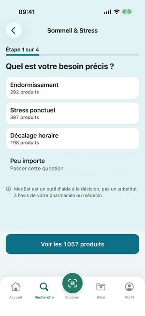 Besoin « Sommeil & Stress », étape 1 sur 4 : « Quel est votre besoin précis ? »