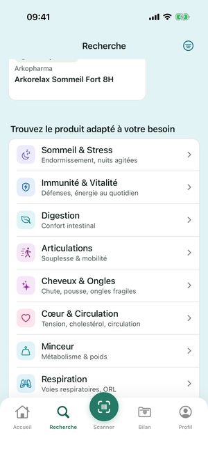 Liste « Trouvez le produit adapté à votre besoin » : Sommeil & Stress, Immunité & Vitalité, Digestion, Articulations…