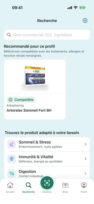 Écran Recherche : champ « Nom commercial, DCI, ingrédient » et carrousel « Recommandé pour ce profil »