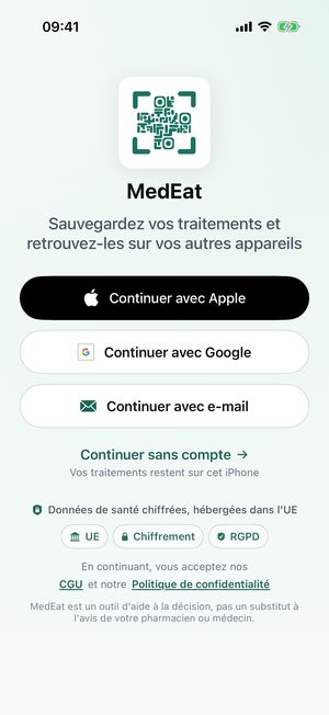 Compte facultatif : continuer avec Apple, Google ou e-mail, ou « Continuer sans compte »